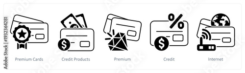 A set of 5 mix icons as premium cards, credit products, premium in black color