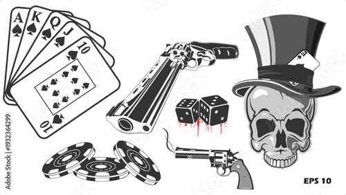 Gamble and Outlaw Vector Set. Monochrome Illustrations of Playing Cards, Revolvers, Poker Chips, and a Skull in a Top Hat