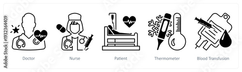 A set of 5 mix icons as doctor, nurse, patient in black color