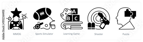 A set of 5 mix icons as mmog, sports simulator, learning game in black color