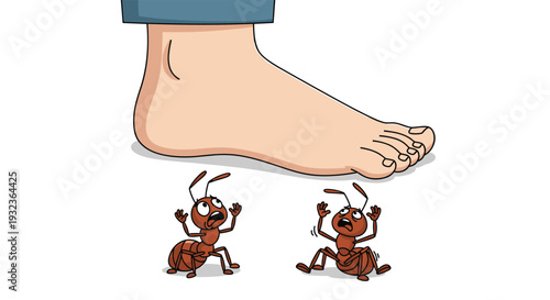 Humorous cartoon illustration of two terrified ants looking up in fear as a giant human foot is about to step on them, on a white background.