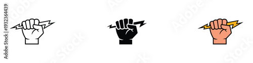 Fist holding lightning bolt icon set. Power symbol for electrical energy, strength, and fast charge design. Vector Illustration.