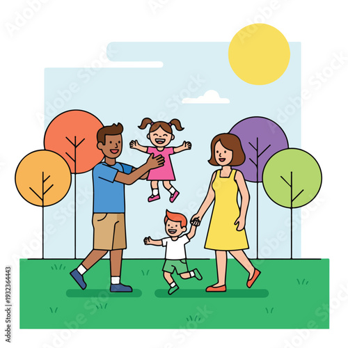 A family with two kids and trees enjoying outdoors