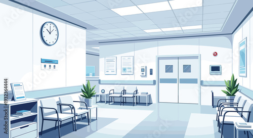 Professional isometric illustration of a modern hospital waiting room featuring a reception area, comfortable seating, and medical facilities.