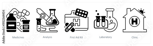 A set of 5 mix icons as medicines, analysis, first aid kit in black color