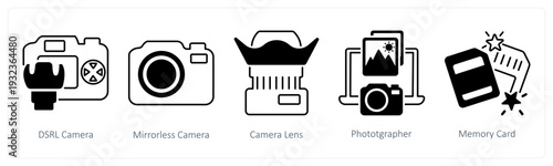 A set of 5 mix icons as dslr camera, mirrorless camera, camera lens in black color