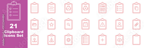 Clipboard and checklist outline icon set with business tasks, strategy, approval, tax and document management symbols. 21 Clipboard Task Management Line Icons. Survey icon set. Medical report icon 
