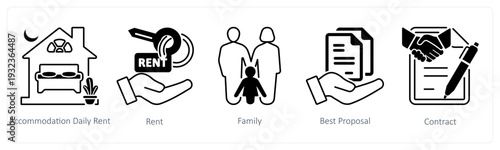 A set of 5 mix icons as accommodation daily rent, rent, family in black color