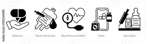A set of 5 mix icons as medicine, blood transfusion, blood pressure meter in black color