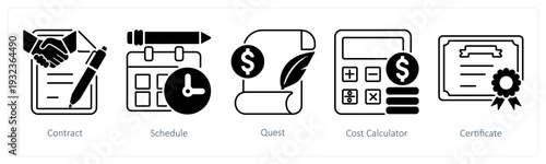 A set of 5 mix icons as contract, schedule, quest in black color