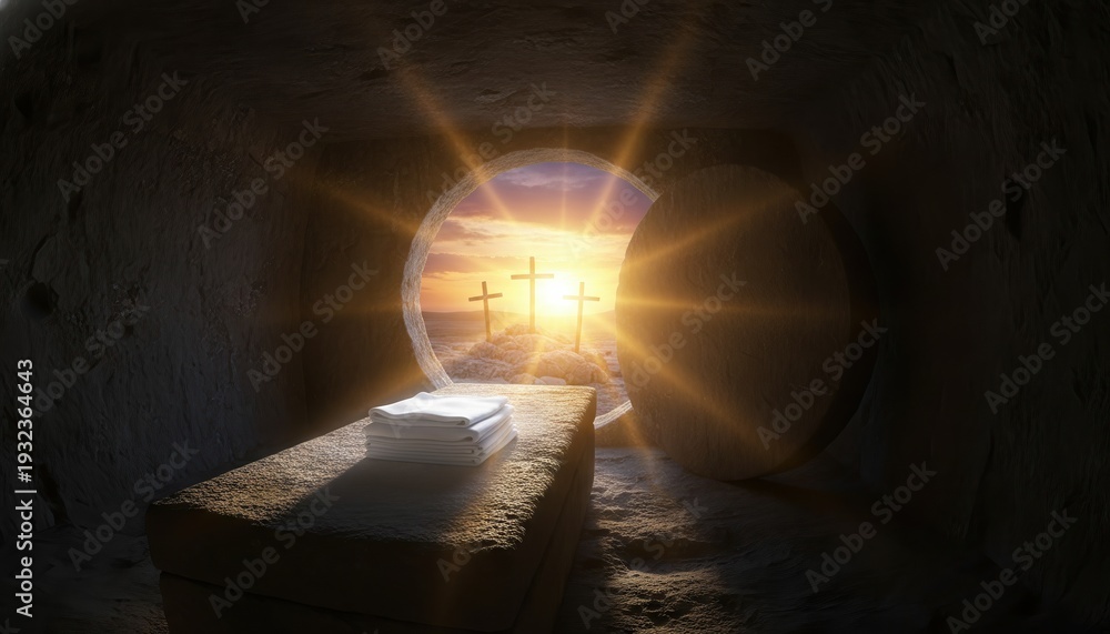 Obraz premium Easter, Empty tomb, Resurrection, Jesus Christ, Calvary, Crosses, Sunrise view from within a burial cave showing folded linen shroud and divine light rays on a holy morning.