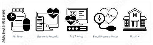 A set of 5 mix icons as pill timer, electronic records, ecg tracing in black color