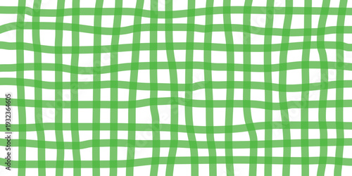Green hand-drawn grid pattern background. Seamless wavy crosshatch texture for creative fabric, paper wrap, and abstract wallpaper design.