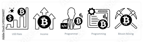 A set of 5 mix icons as usd rate, income, programmer in black color