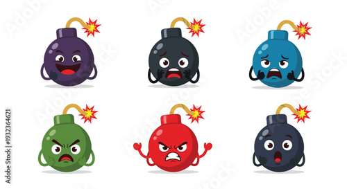 Playful set of round cartoon bomb characters showing a wide range of facial expressions from happy to furious.