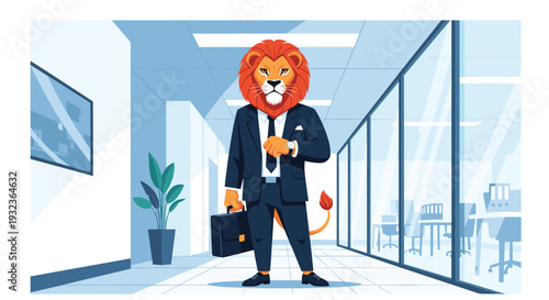 Powerful lion dressed in a formal business suit standing in a modern office hallway while checking his wristwatch.