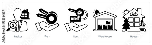 A set of 5 mix icons as realtor, keys, rent in black color