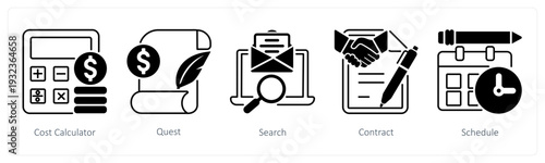 A set of 5 mix icons as cost calculator, quest, search in black color