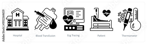 A set of 5 mix icons as hospital, blood transfusion, ecg tracing in black color