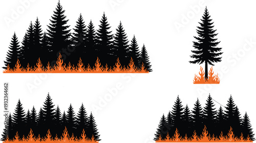 Set of black pine forest silhouettes with orange ground fire flames for wildfire disaster prevention environmental climate change and forest protection
