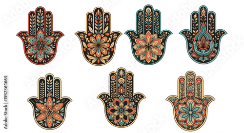 Set of colorful hamsa hand symbols decorated with intricate ethnic patterns and floral motifs for spiritual art.