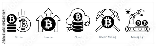 A set of 5 mix icons as bitcoin, income, cloud in black color