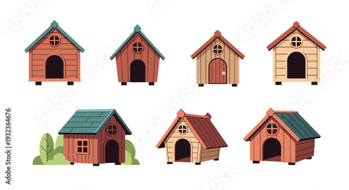 Collection of various wooden dog house designs in different styles and colors for pet shelter and outdoor comfort.