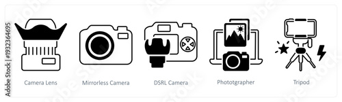 A set of 5 mix icons as camera lens, mirrorless camera, dslr camera in black color