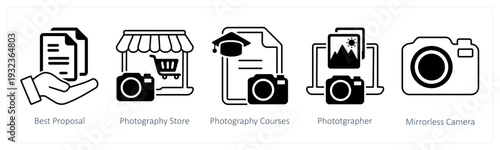 A set of 5 mix icons as best proposal, photography store, photography courses in black color