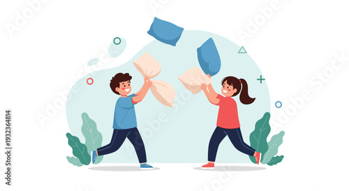 Playful young children having fun during a pillow fight with colorful cushions flying in the air in a bedroom.