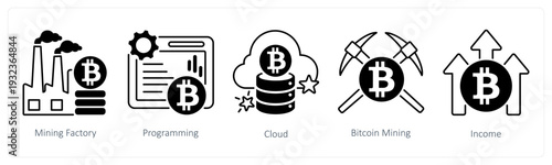 A set of 5 mix icons as mining factory, programming, cloud in black color