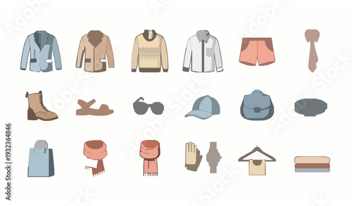 Modern fashion apparel and accessories cool line vector icons collection isolated on white background