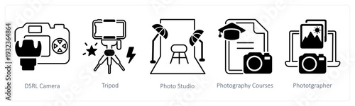 A set of 5 mix icons as dslr camera, tripod, photo studio in black color