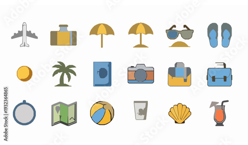 Summer and travel vector icons set with beach vacation tourism outline symbols collection