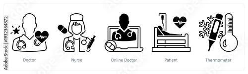 A set of 5 mix icons as doctor, nurse, online doctor in black color