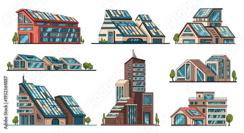 Set of modern eco friendly buildings featuring solar panels on their roofs for sustainable energy conservation.