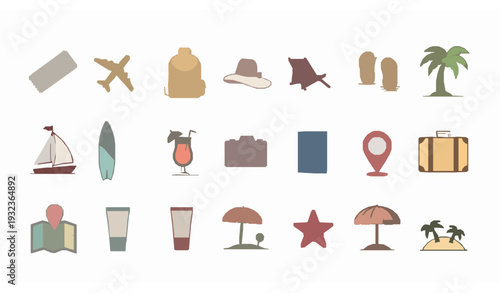 Summer vacation travel outline vector icons collection with beach tourism adventure symbols