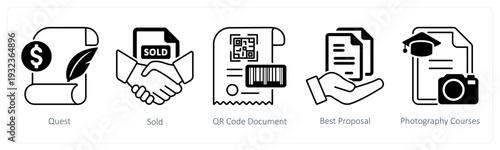 A set of 5 mix icons as quest, sold, qr code document in black color