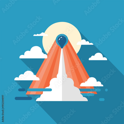 A geometric illustration of a rocket launching towards the sun