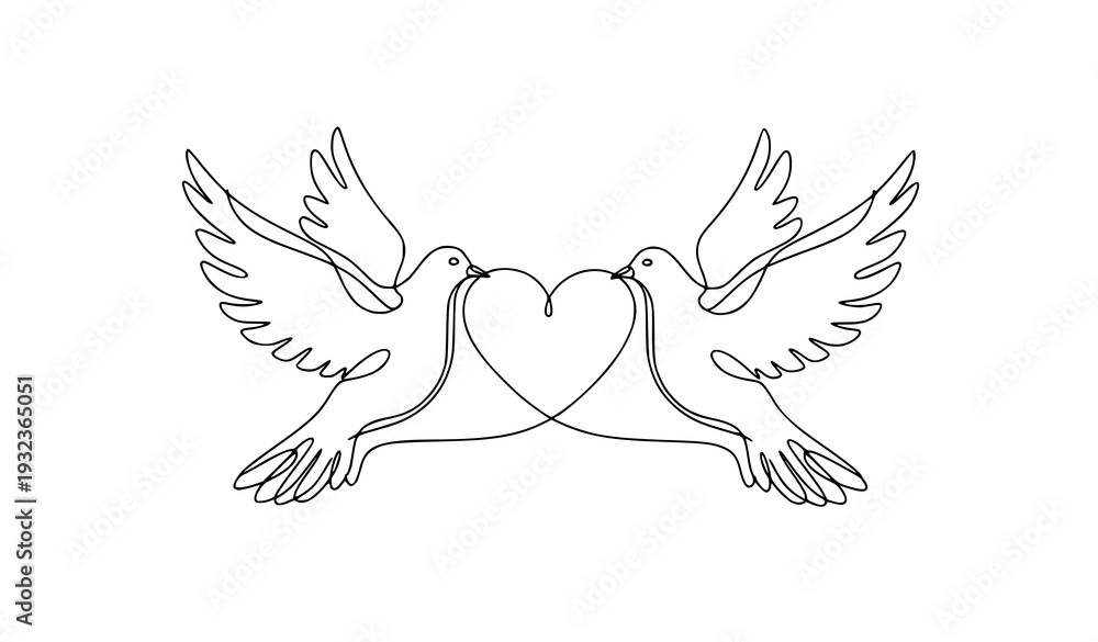 Obraz premium Two flying doves continuous line art forming heart symbol elegant love peace vector