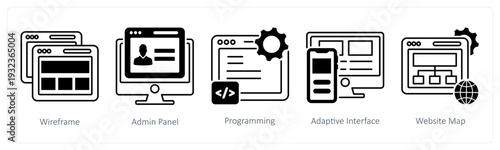 A set of 5 mix icons as wireframe, admin panel, programming in black color