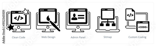 A set of 5 mix icons as clean code, web design, admin panel in black color