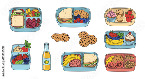 Assortment of healthy lunch boxes packed with nutritious food items like sandwiches fruits and vegetables for kids.