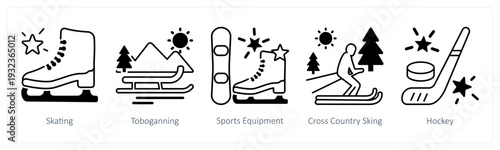 A set of 5 mix icons as skating, toboganning, sports equipment in black color