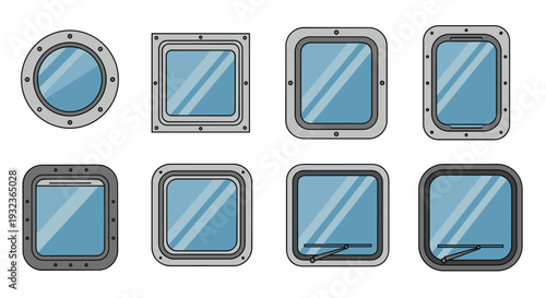 Set of industrial metal porthole windows for ships or airplanes with glass panes and heavy duty bolt details.