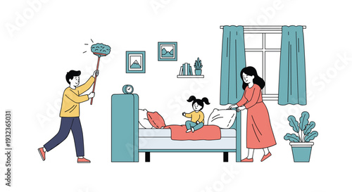 Happy family members working together to clean and organize their bedroom in a modern home during the weekend.