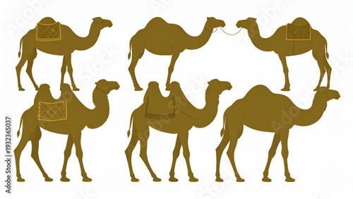 Decorative Camel Silhouettes – Ornate Saddled Camels for Middle Eastern Travel, Desert, and Tourism Vector Set
