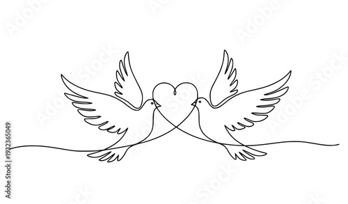 Minimalist continuous line flying doves forming heart romantic love peace vector illustration