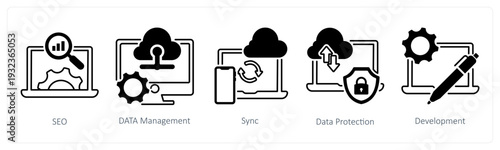 A set of 5 mix icons as seo, data management, sync in black color