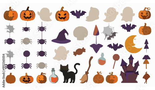 Cute cartoon Halloween elements vector set with pumpkins ghosts bats spiders and witch hat